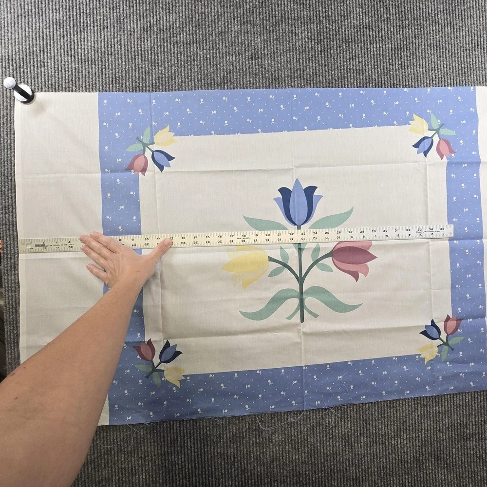 Vintage Cheater Quilt Fabric Panel Tulip Floral Cotton Quilt Blue Border Pastel